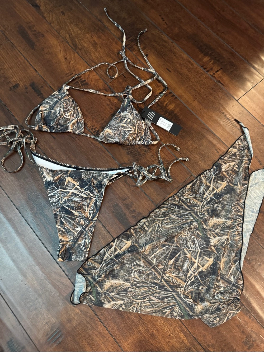 Fashion Nova Realtree Camo Triangle Bikini Set with Sheer Sarong - Brown, Green